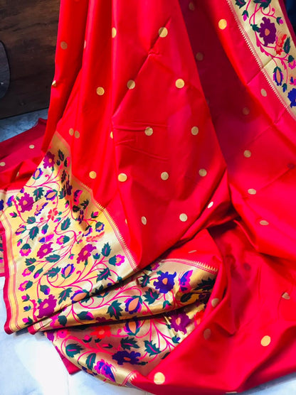 Most Stunning Red Paithani Silk Saree With Sizzling Blouse Piece