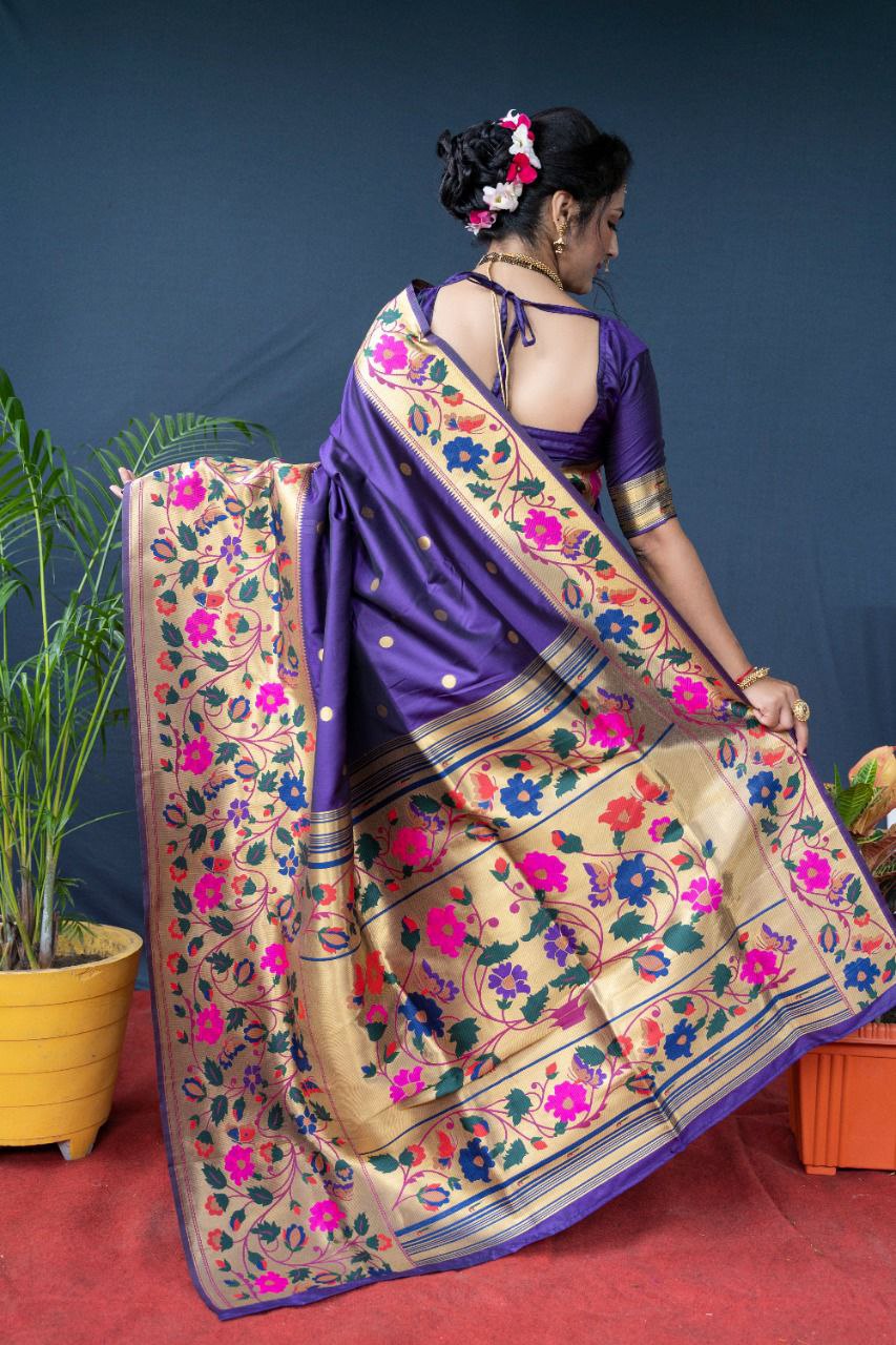 Inspiring Royal Blue Paithani Silk Saree With Sizzling Blouse Piece