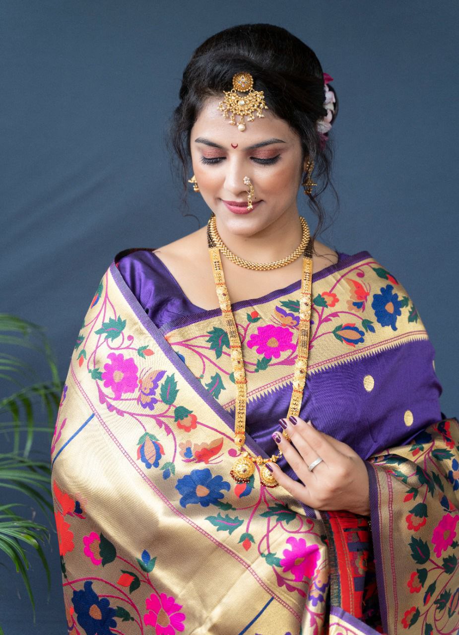 Inspiring Royal Blue Paithani Silk Saree With Sizzling Blouse Piece