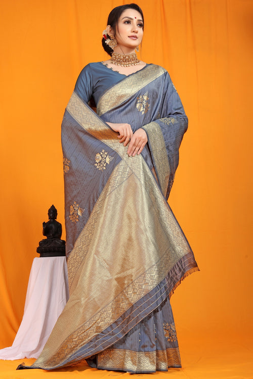 Load image into Gallery viewer, Flaunt Grey Kanjivaram Silk With Arresting Blouse Piece
