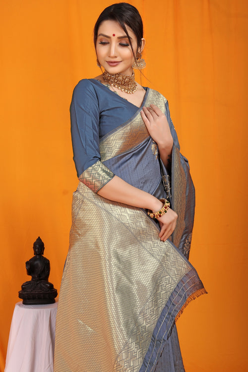 Load image into Gallery viewer, Flaunt Grey Kanjivaram Silk With Arresting Blouse Piece
