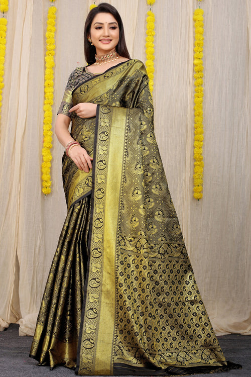 Load image into Gallery viewer, Flaunt Black Kanjivaram Silk With Scintilla Blouse Piece
