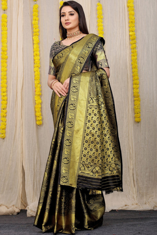 Load image into Gallery viewer, Flaunt Black Kanjivaram Silk With Scintilla Blouse Piece
