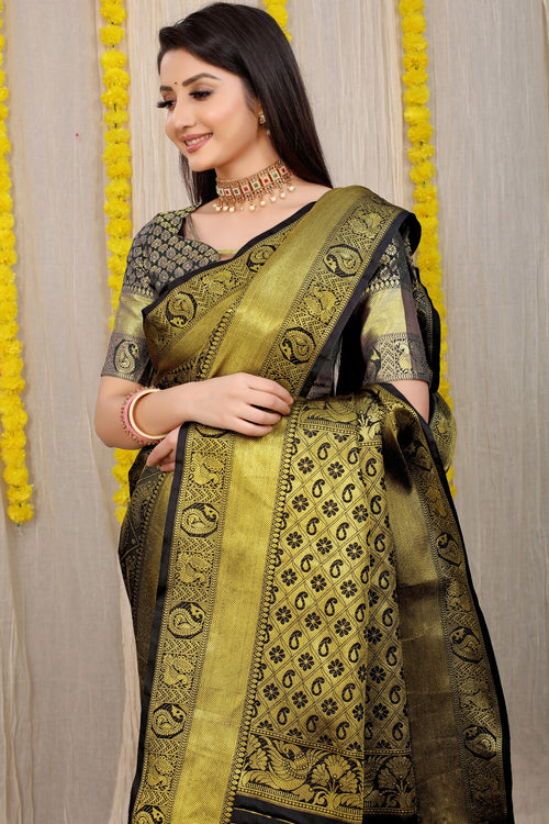 Load image into Gallery viewer, Flaunt Black Kanjivaram Silk With Scintilla Blouse Piece
