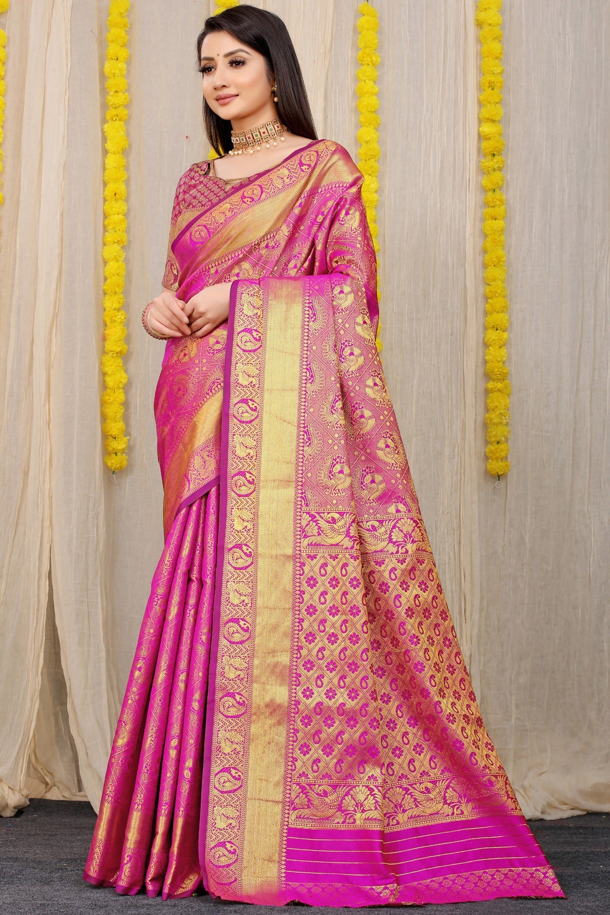 Sensational Dark Pink Kanjivaram Silk With Scintilla Blouse Piece