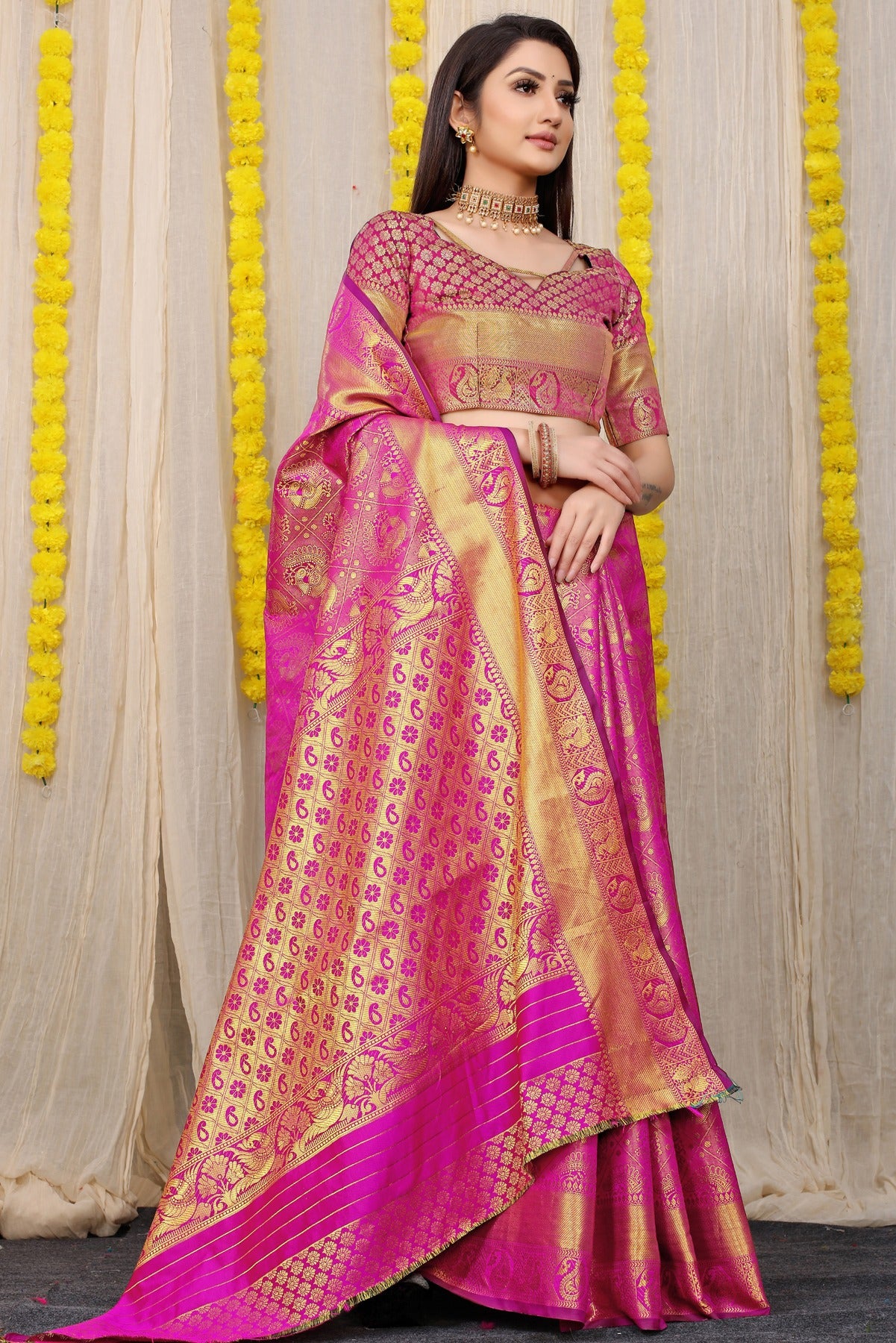 Sensational Dark Pink Kanjivaram Silk With Scintilla Blouse Piece