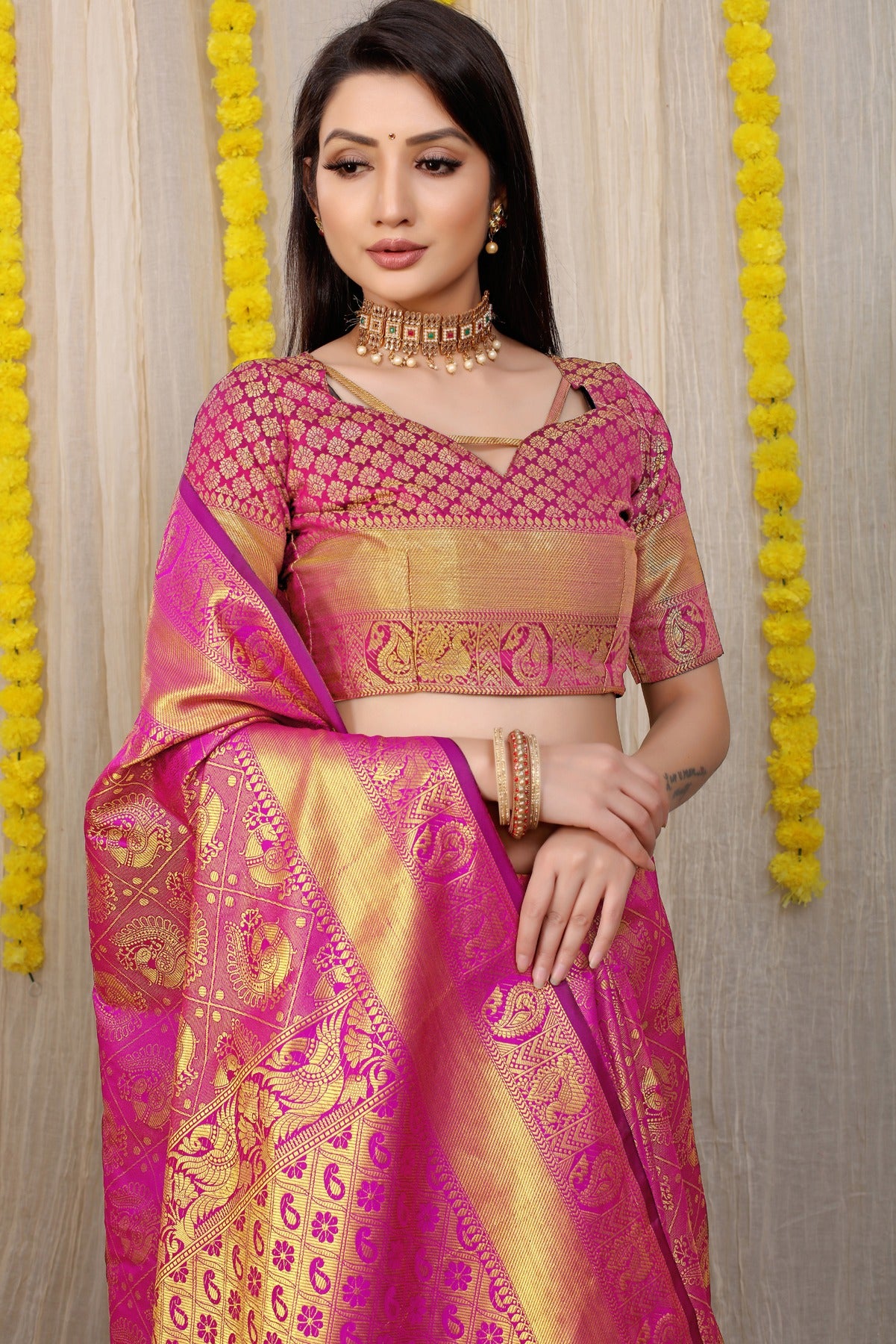 Sensational Dark Pink Kanjivaram Silk With Scintilla Blouse Piece