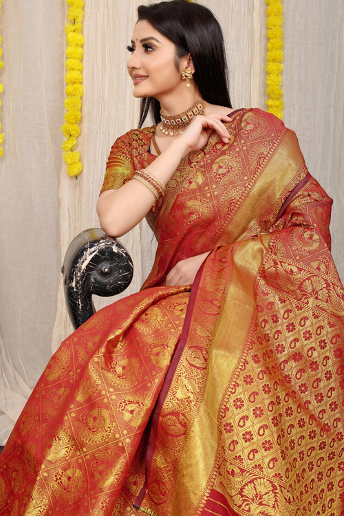 Load image into Gallery viewer, Mesmerising Red Kanjivaram Silk With Scintilla Blouse Piece
