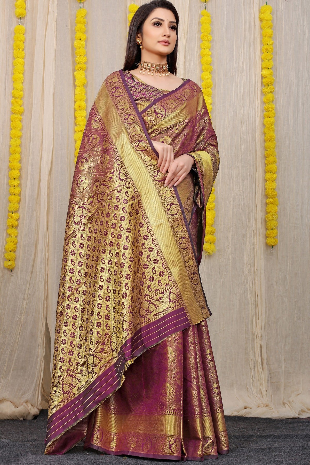 Stylish Wine Kanjivaram Silk With Scintilla Blouse Piece