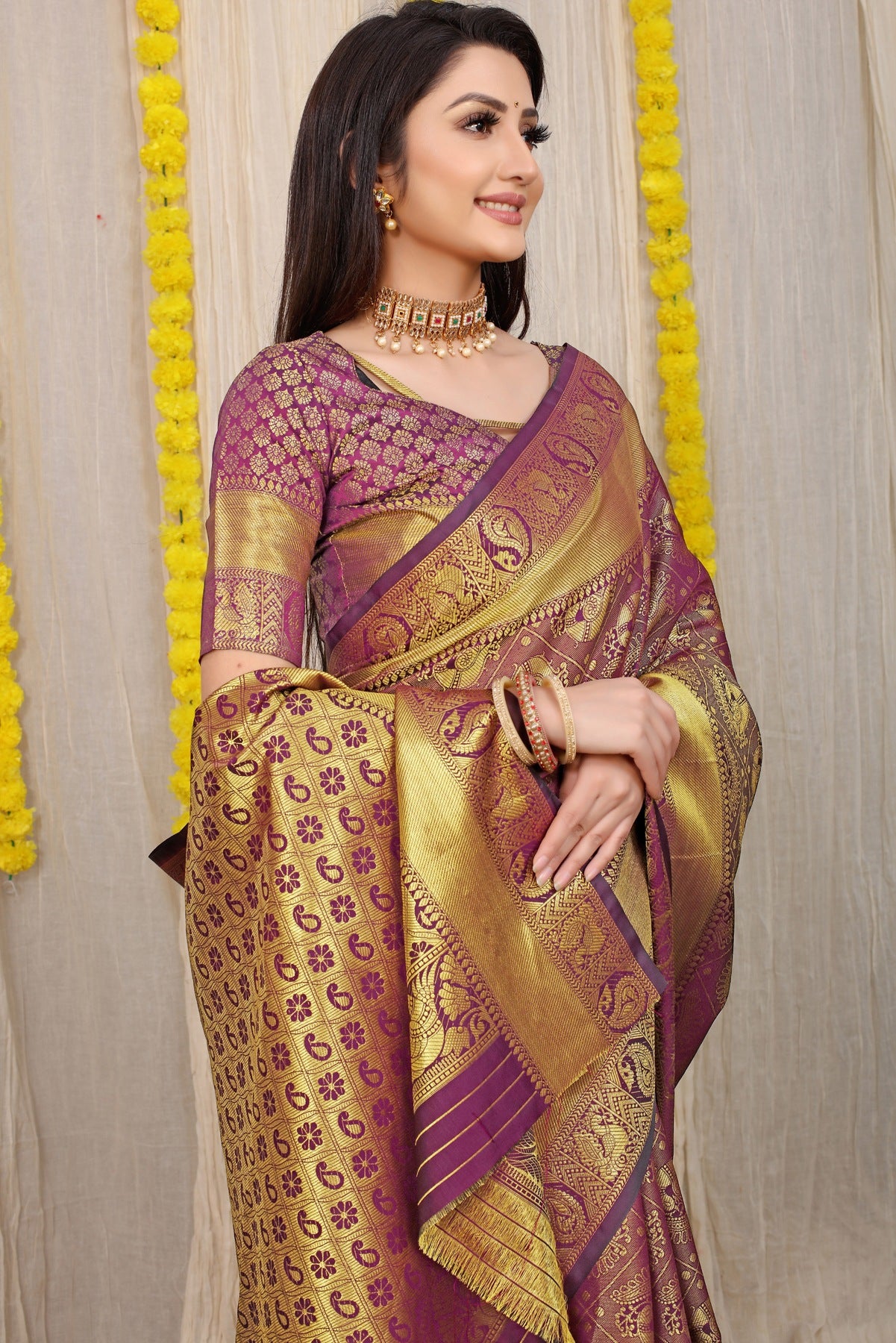 Beige and Pink Wedding Banarasi Silk Saree