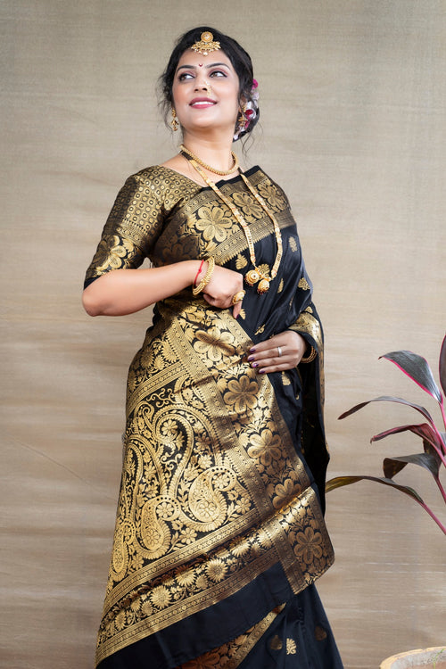Load image into Gallery viewer, Delightful Black  Banarasi Silk Saree With Assemblage Blouse Piece
