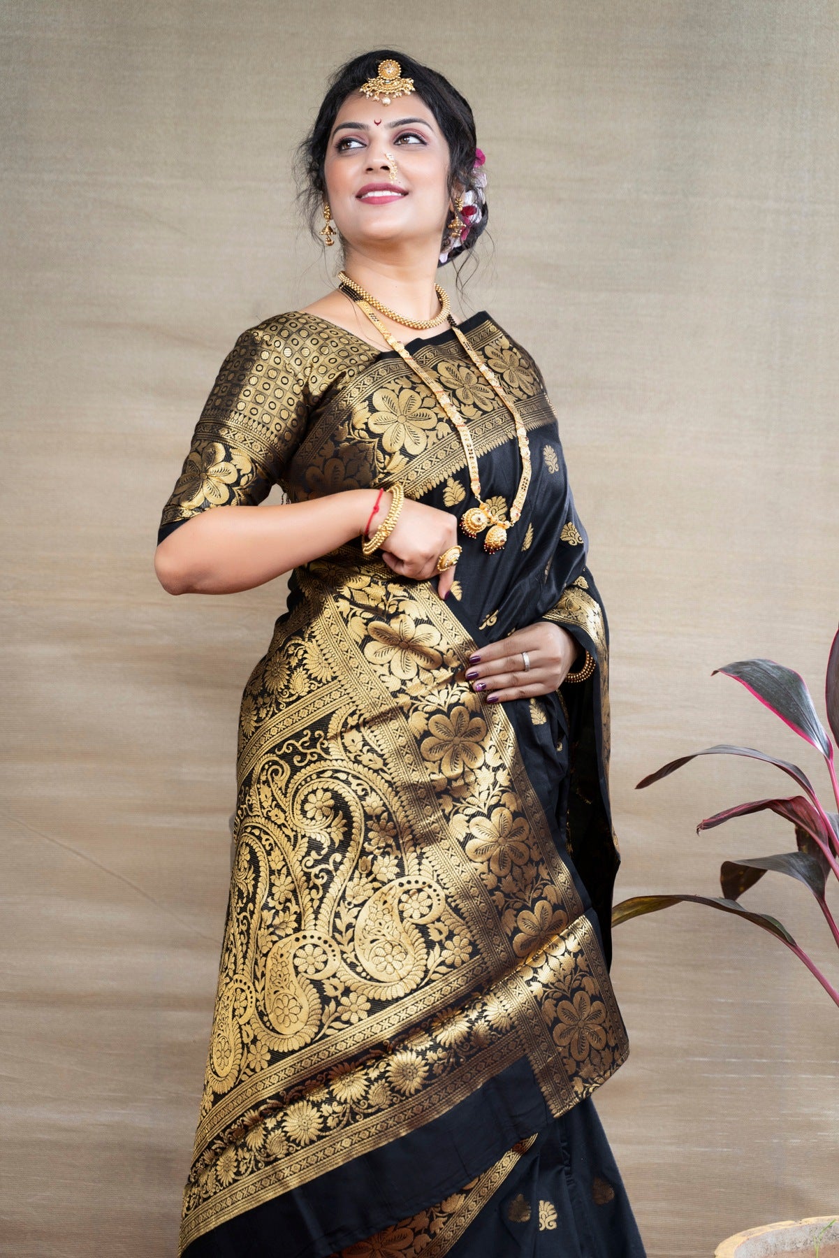 Delightful Black  Banarasi Silk Saree With Assemblage Blouse Piece