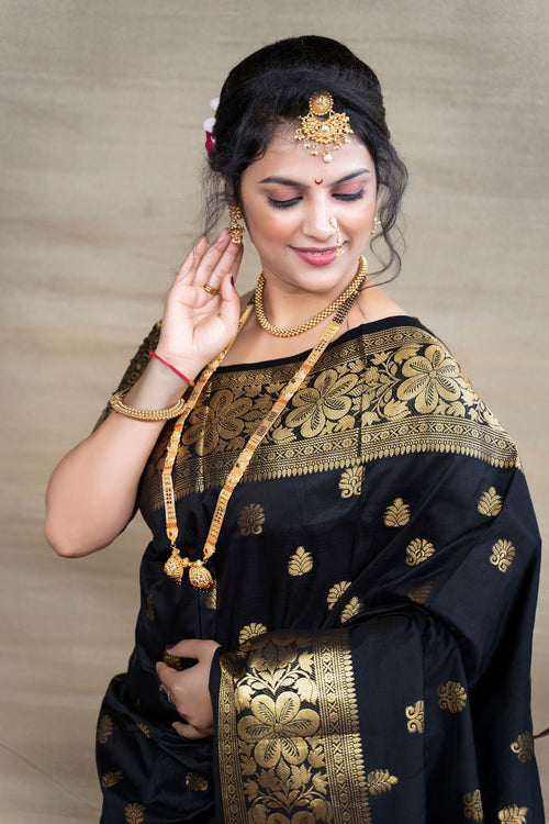 Load image into Gallery viewer, Delightful Black  Banarasi Silk Saree With Assemblage Blouse Piece
