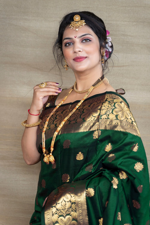 Load image into Gallery viewer, Prettiest Dark Green Banarasi Silk Saree With Assemblage Blouse Piece
