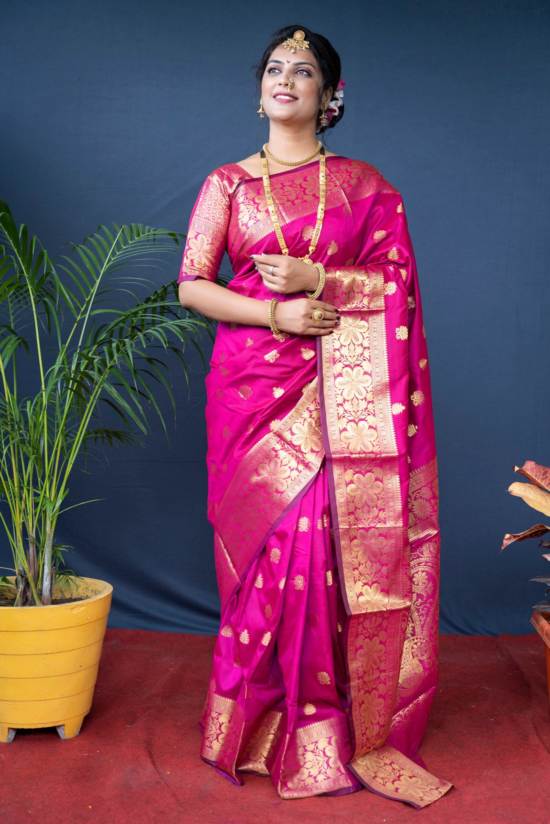 Flameboyant Dark Pink Banarasi Silk Saree With Assemblage Blouse Piece
