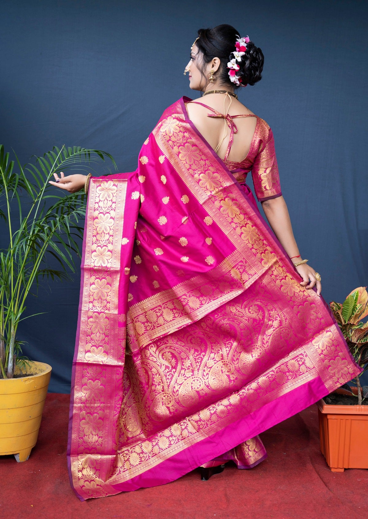 Flameboyant Dark Pink Banarasi Silk Saree With Assemblage Blouse Piece