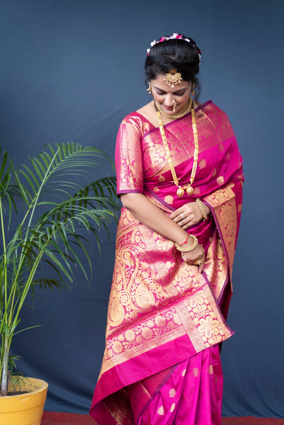 Flameboyant Dark Pink Banarasi Silk Saree With Assemblage Blouse Piece