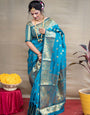 Glorious Firozi Banarasi Silk Saree With Assemblage Blouse Piece
