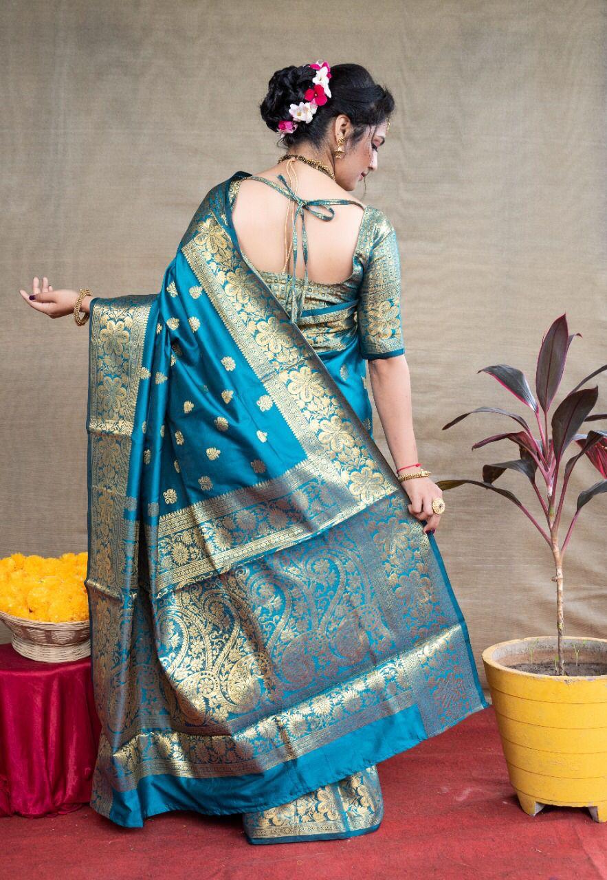 Glorious Firozi Banarasi Silk Saree With Assemblage Blouse Piece