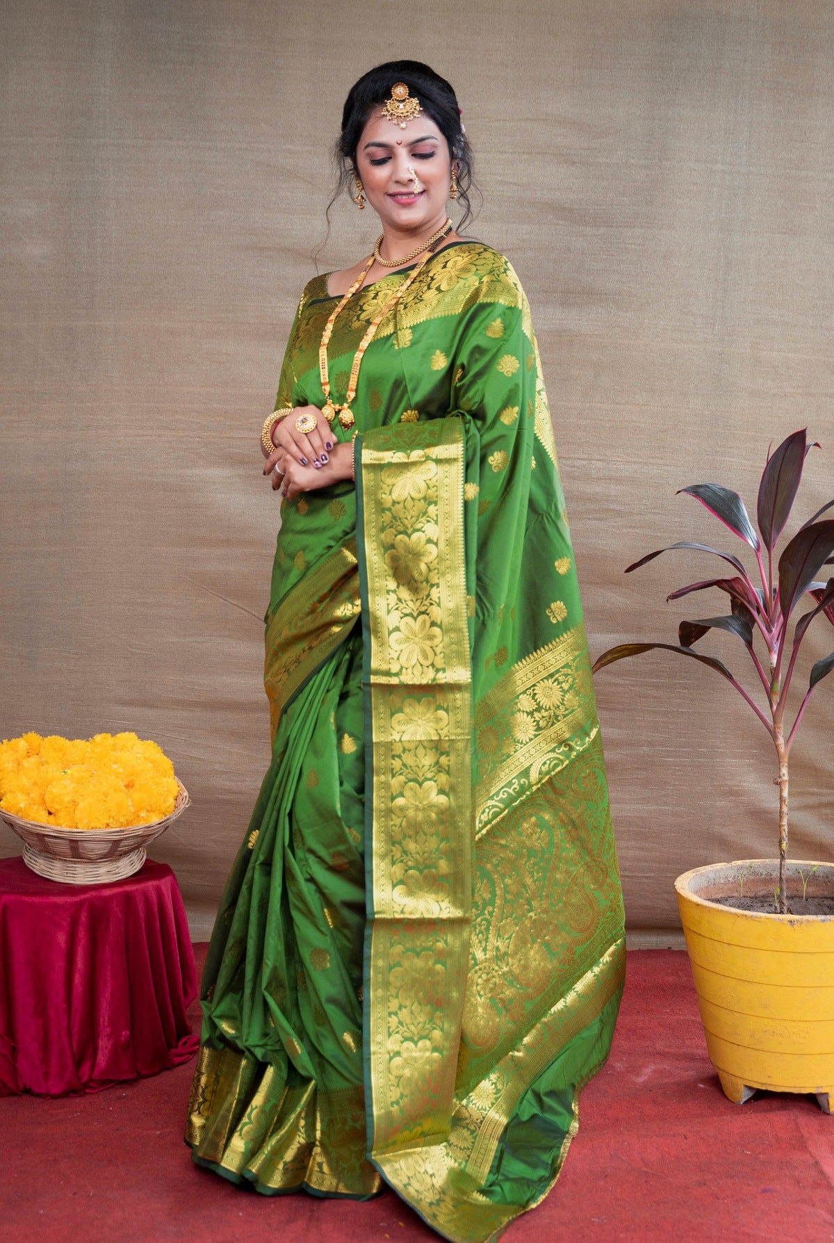 Preferable Green Banarasi Silk Saree With Assemblage Blouse Piece