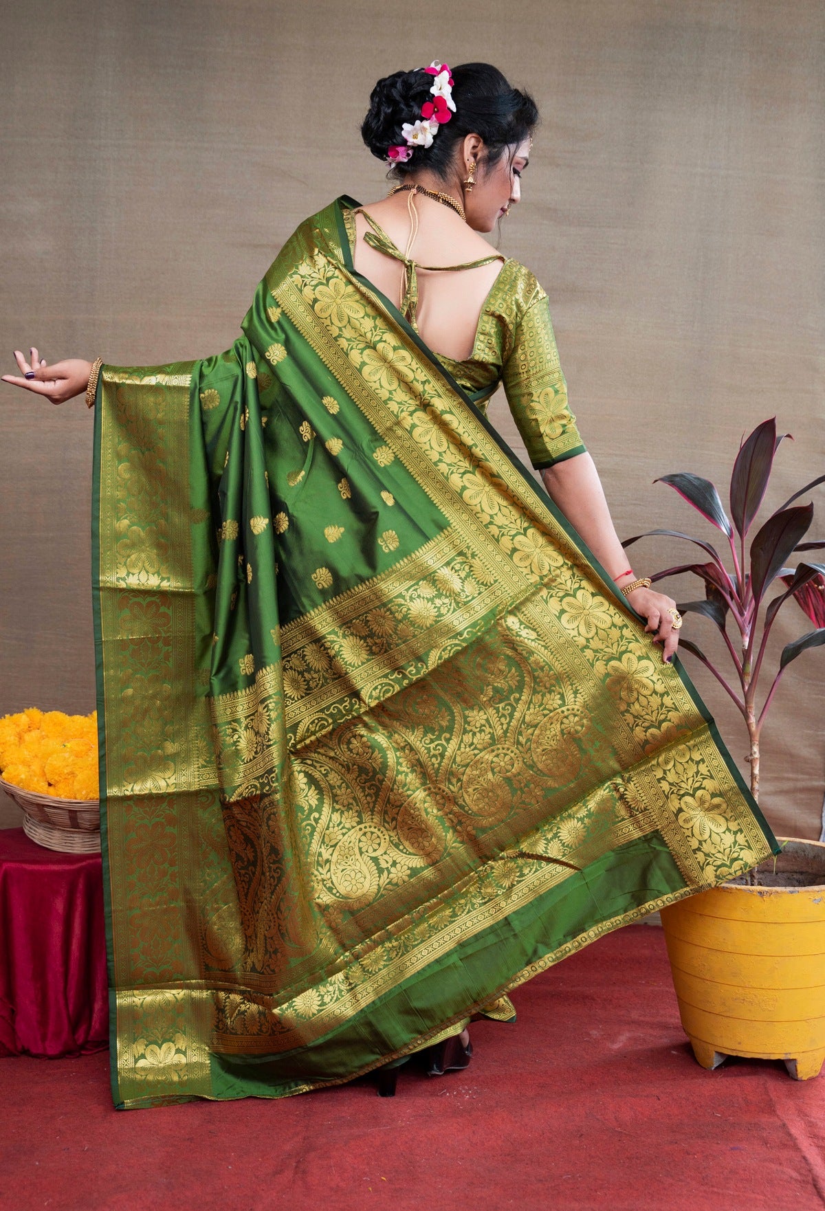 Preferable Green Banarasi Silk Saree With Assemblage Blouse Piece