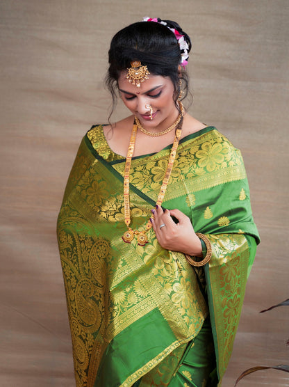 Preferable Green Banarasi Silk Saree With Assemblage Blouse Piece
