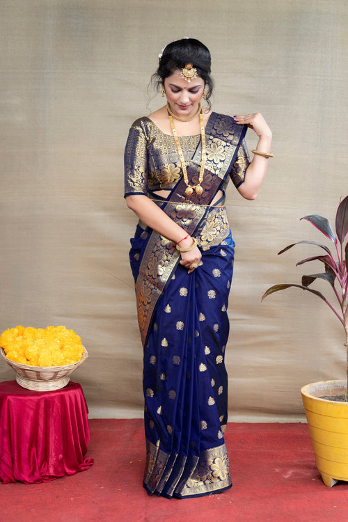 Load image into Gallery viewer, Pleasant Navy Blue Banarasi Silk Saree With Assemblage Blouse Piece
