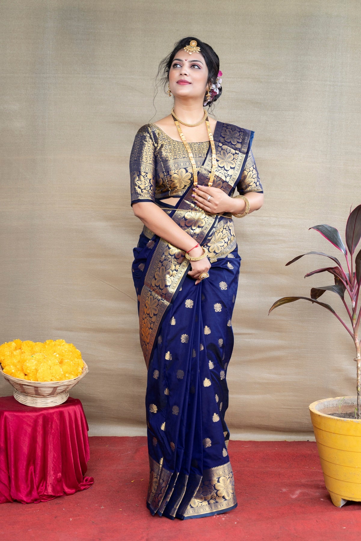 Buy Dark Navy Blue Banarasi Silk Saree With Silk Blouse Online - SARV02239  | Andaaz Fashion