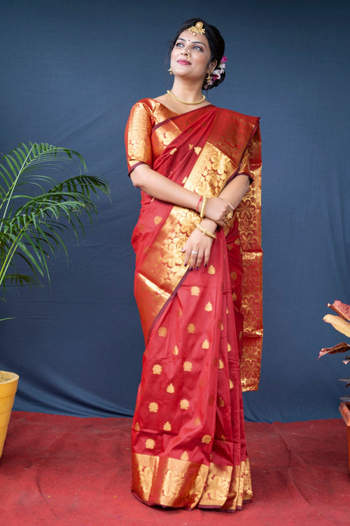 Load image into Gallery viewer, Fancifull Red Banarasi Silk Saree With Assemblage Blouse Piece
