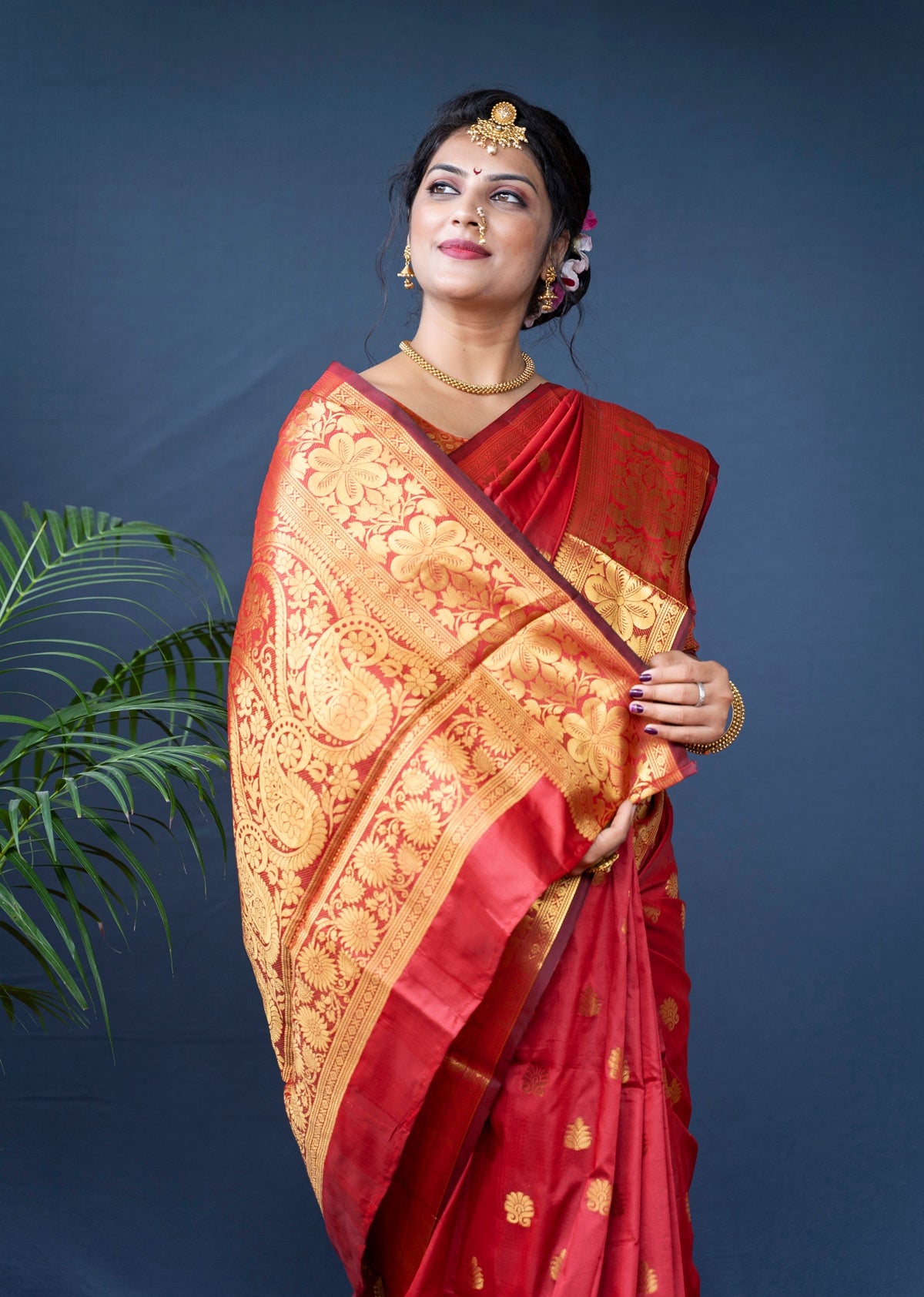 Fancifull Red Banarasi Silk Saree With Assemblage Blouse Piece
