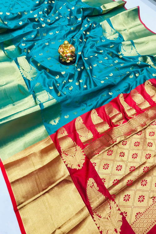 Load image into Gallery viewer, Diaphanous Firozi Banarasi Silk Saree With Flameboyant Blouse Piece
