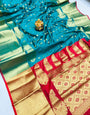 Diaphanous Firozi Banarasi Silk Saree With Flameboyant Blouse Piece