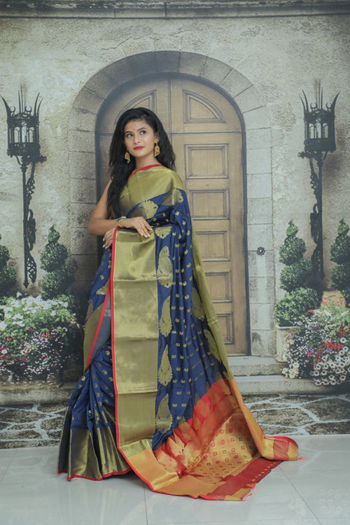 Load image into Gallery viewer, Ebullience Navy Blue Banarasi Silk Saree With Flameboyant Blouse Piece
