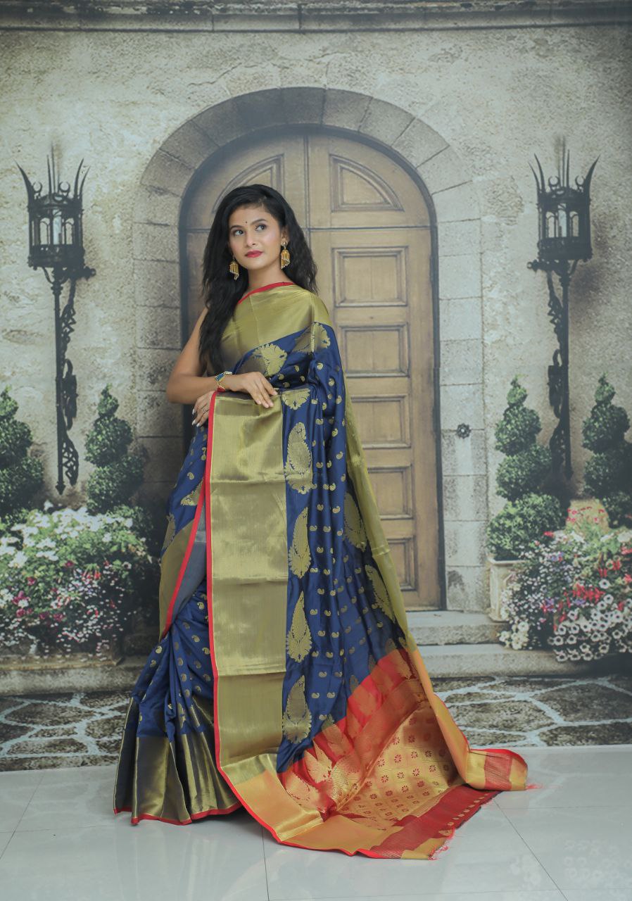 Ebullience Navy Blue Banarasi Silk Saree With Flameboyant Blouse Piece