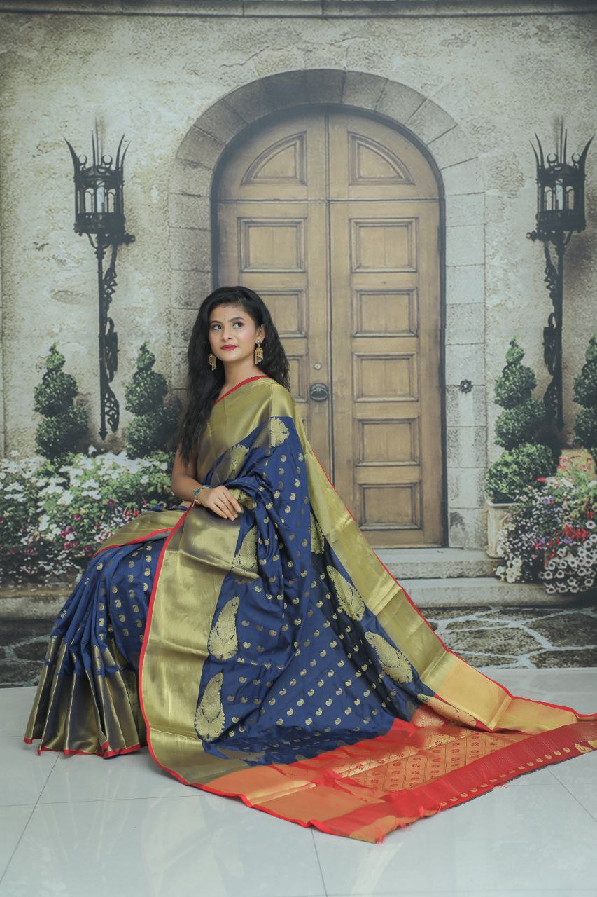 Ebullience Navy Blue Banarasi Silk Saree With Flameboyant Blouse Piece