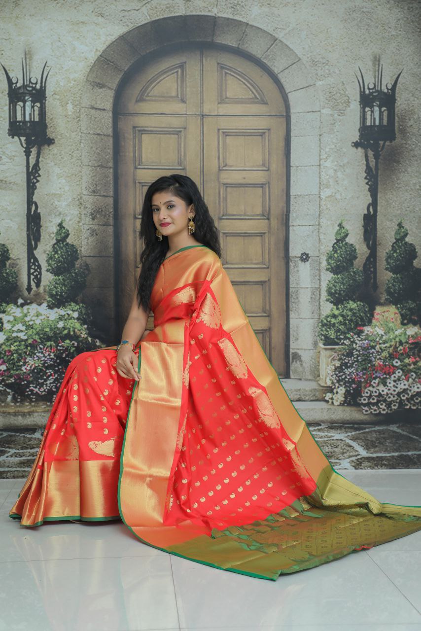 Efflorescence Red Banarasi Silk Saree With Flameboyant Blouse Piece