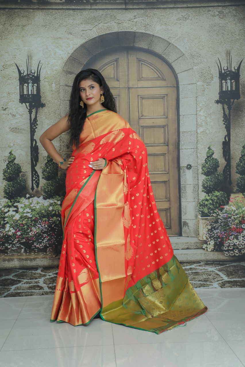 Efflorescence Red Banarasi Silk Saree With Flameboyant Blouse Piece
