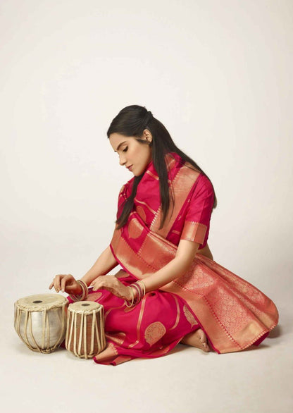 Bucolic Dark Pink Kanjivaram Silk With A glam Blouse Piece