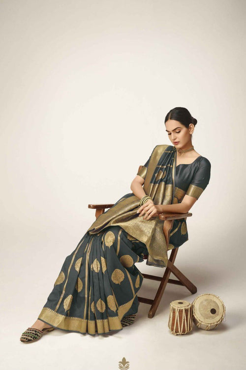 Load image into Gallery viewer, Brood Grey Kanjivaram Silk With A glam Blouse Piece
