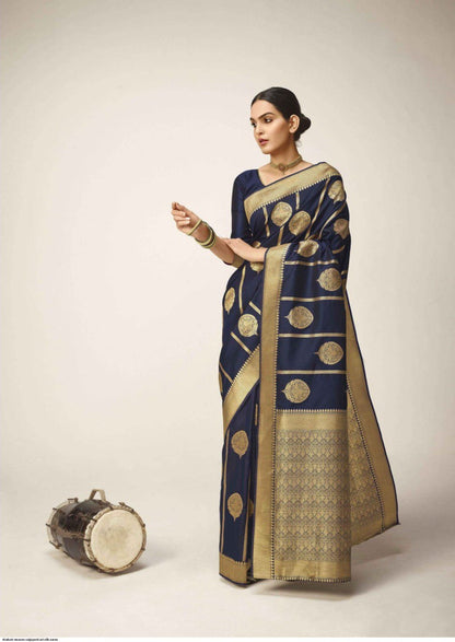 Conflate Navy Blue Kanjivaram Silk With A glam Blouse Piece