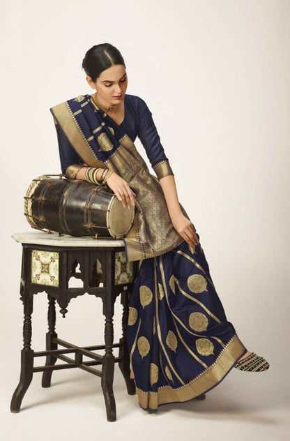 Conflate Navy Blue Kanjivaram Silk With A glam Blouse Piece