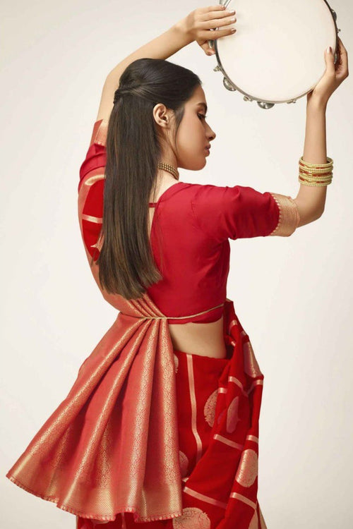 Load image into Gallery viewer, Ailurophile Red Kanjivaram Silk With A glam Blouse Piece
