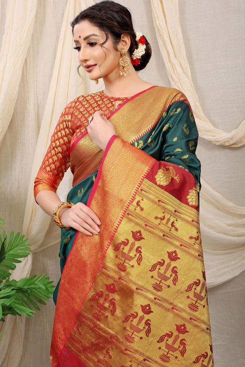 Load image into Gallery viewer, Exuberant Dark Green Paithani Silk Saree With Super Demesne Blouse Piece
