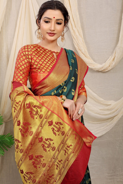 Load image into Gallery viewer, Exuberant Dark Green Paithani Silk Saree With Super Demesne Blouse Piece
