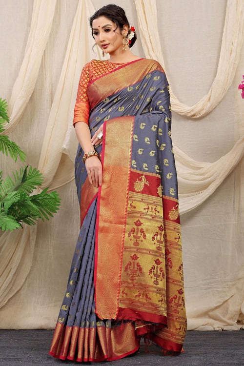 Load image into Gallery viewer, Easy on the eyes Grey Paithani Silk Saree With Super Demesne Blouse Piece
