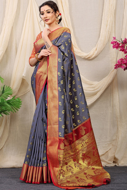 Load image into Gallery viewer, Easy on the eyes Grey Paithani Silk Saree With Super Demesne Blouse Piece
