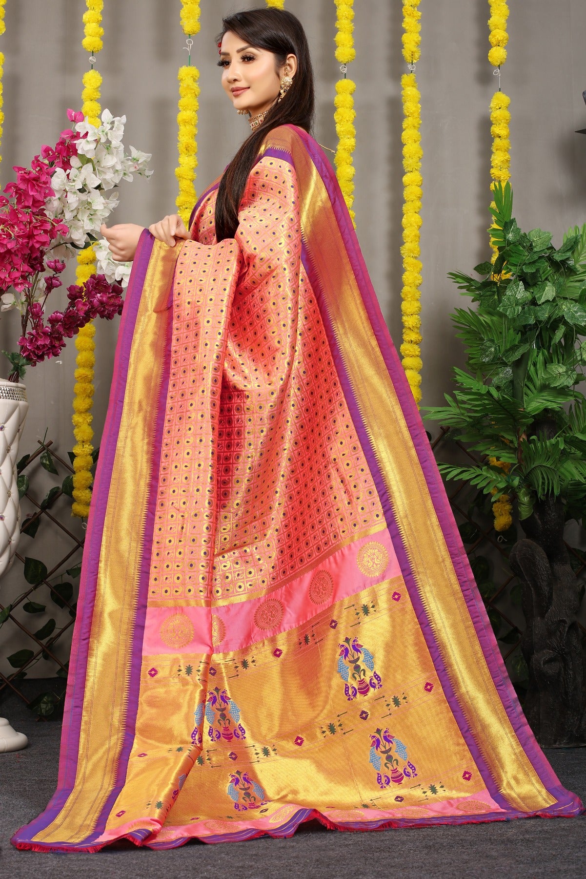Eloquence Peach Paithani Silk Saree With Ideal Blouse Piece