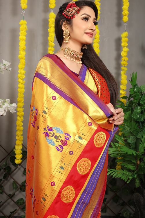 Load image into Gallery viewer, Energetic Red Paithani Silk Saree With Incomparable Blouse Piece
