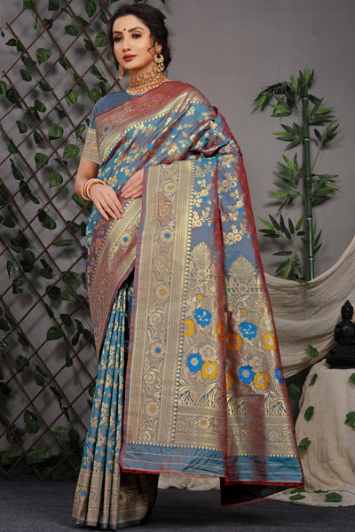 Woebegone Grey Banarasi Silk Saree With Skinny Blouse Piece