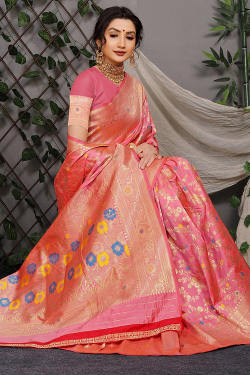 Load image into Gallery viewer, Magnetic Pink Banarasi Silk Saree With Skinny Blouse Piece
